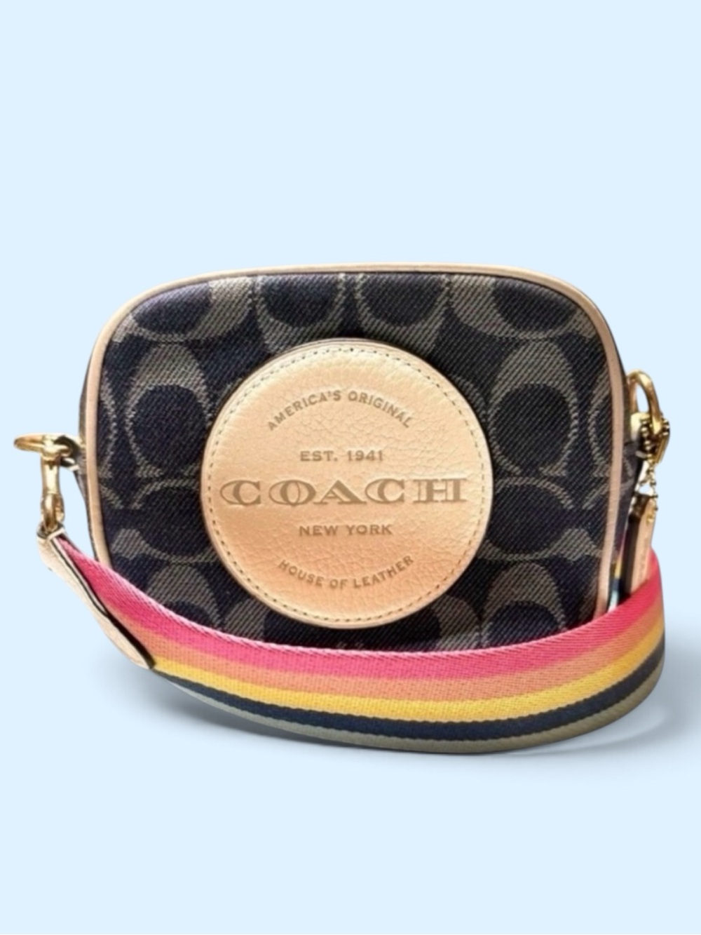 Coach Mini Dempsey Camera Bag in Signature Denim with Rainbow Web Strap